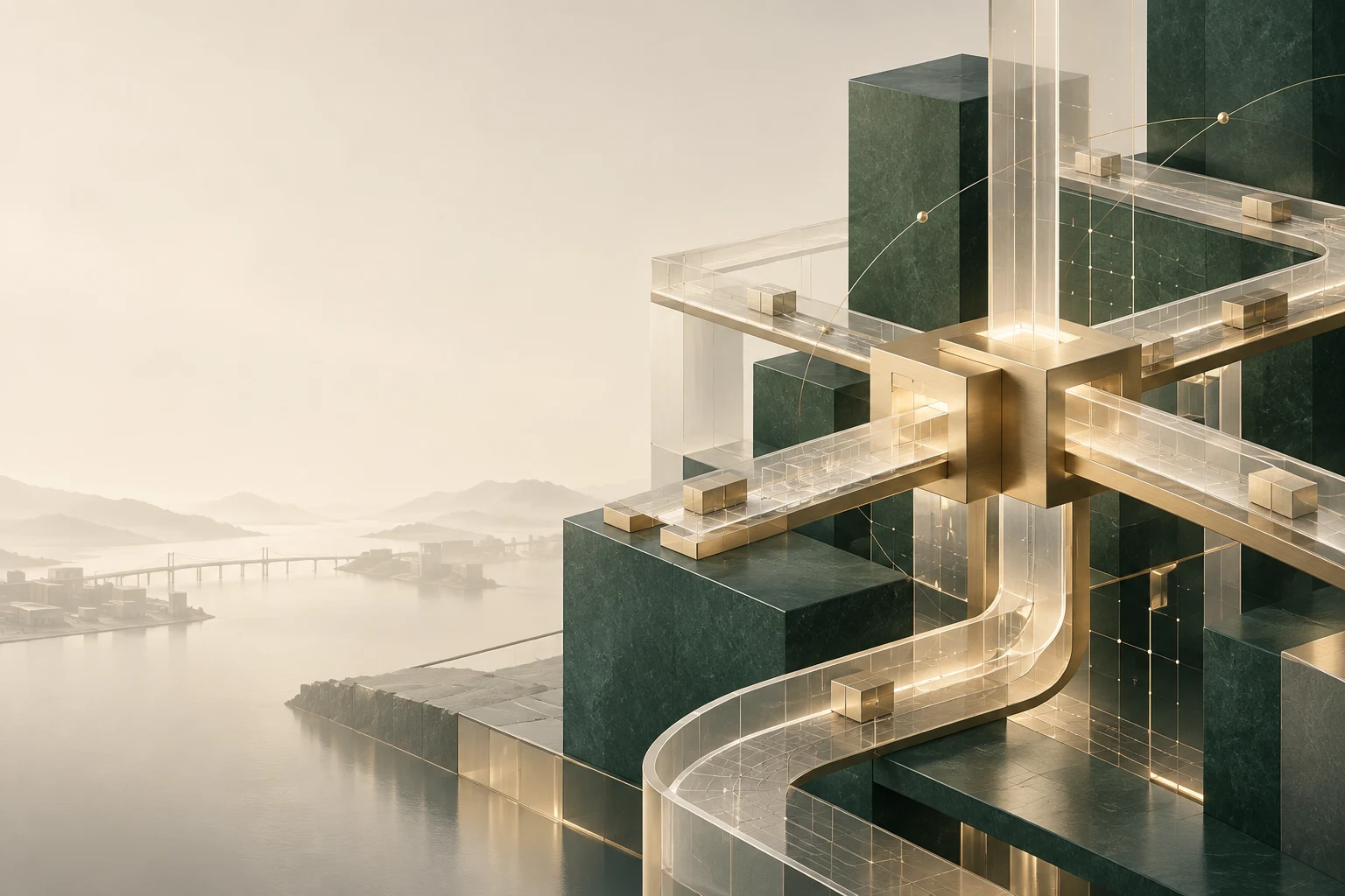 智慧系统概念图：建筑结构与数据通路汇聚